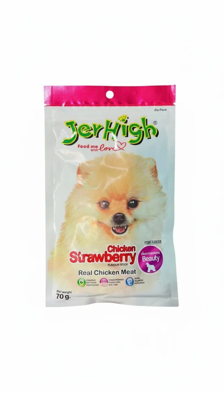 تشویقی سگ جرهای مدل Beauty با طعم مرغ و توت فرنگی (JerHigh Chicken Strawberry) - وزن 70 گرم
